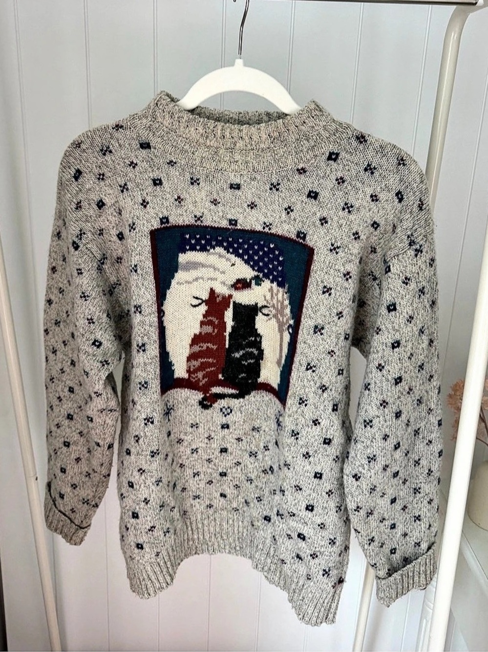 Woolrich Vintage Cat Graphic Crewneck Grey Wool Fall Cottagecore Sweater